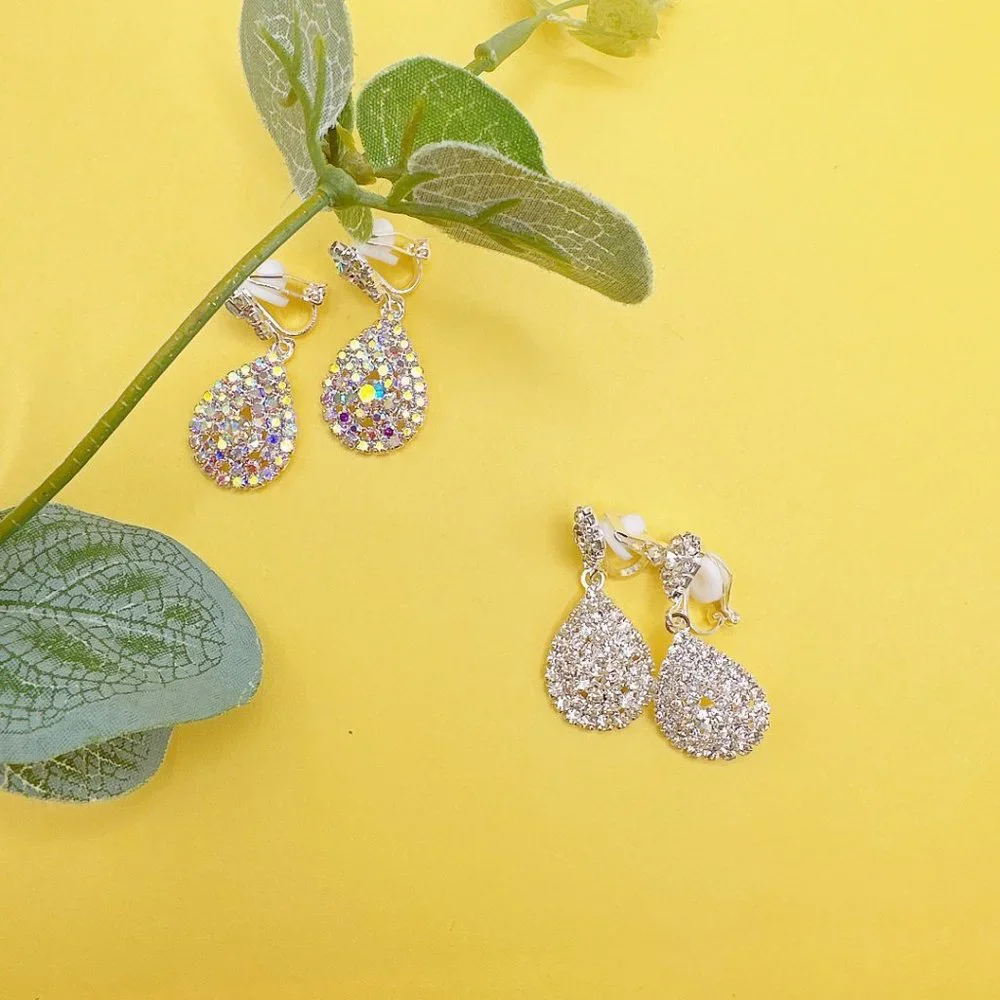 CLIP ON Small Pear Shape AB Color Rhinestone Earrings - Picture 8 of 10
